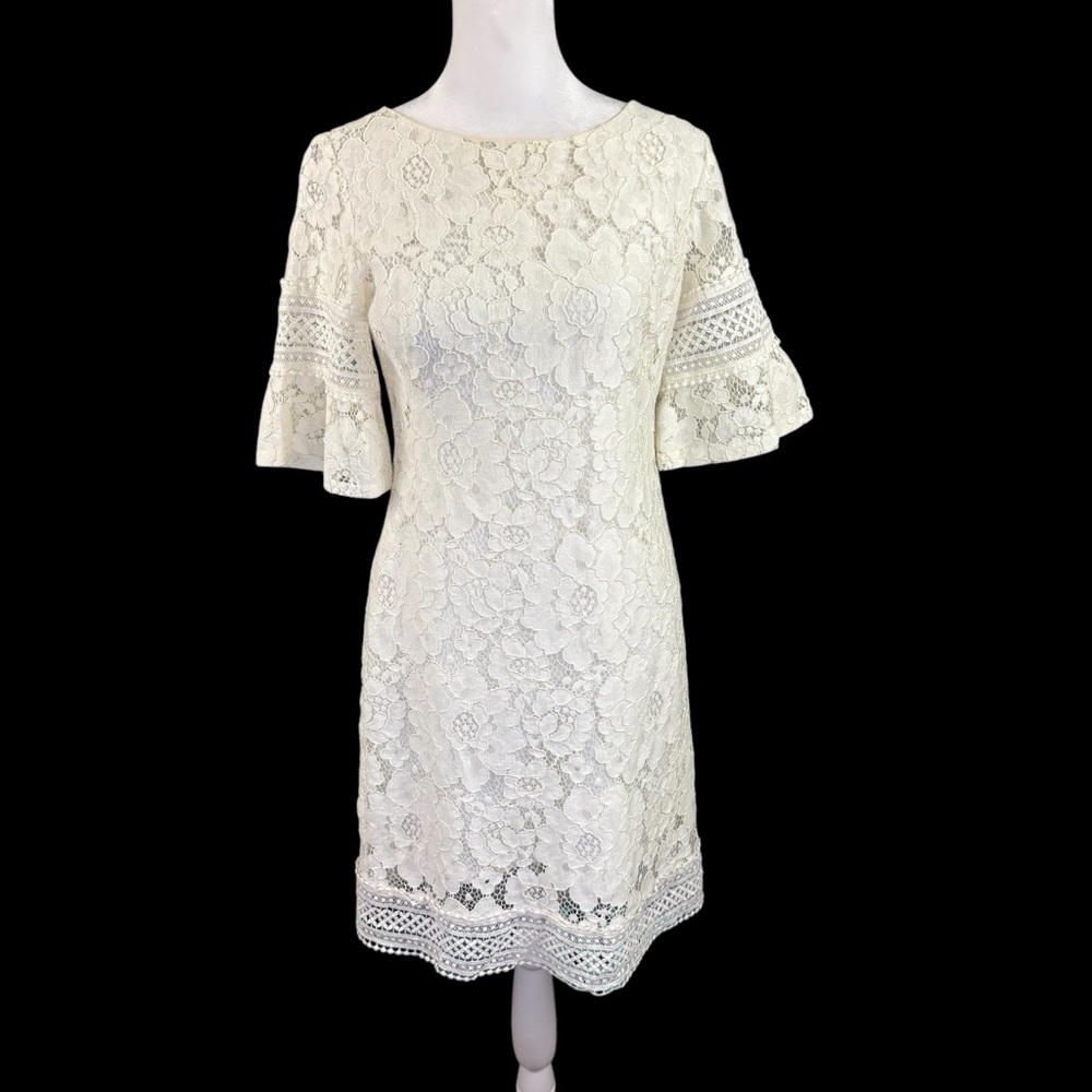 Lauren Ralph Lauren 2 Sheath Dress Lace Overlay Ivory Cream Short Bell Sleeves